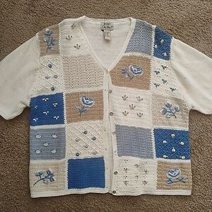 Y2K Granny Patchwork Knit Crochet Cardigan with Floral Embroidery XL
